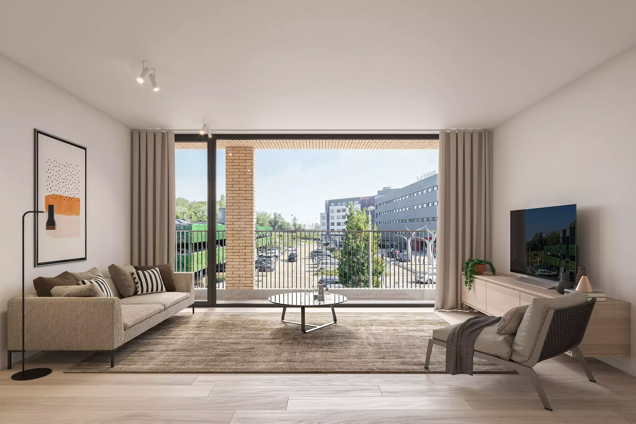 Interieur van de living van het Nieuwbouwproject in Oostende genaamd Residentie King Charles